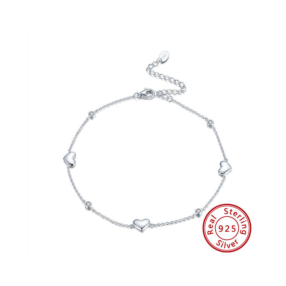 Real 925 Sterling Silver Anklet for Women Heart Charms AAAA Zirconia Female Summer Vacation Ankle Accessories SA01