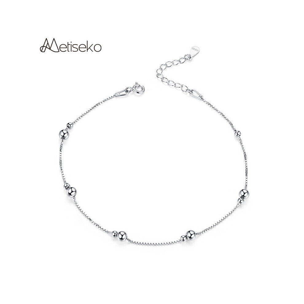 925 Sterling Silver Anklets Woman Plated Platinum Mini Beads Anklet Minimalist Style for Summer Beach Accessories