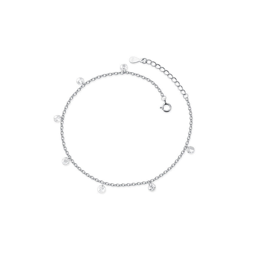 925 Sterling Silver Round Zircon Cuban Link Chain Charm Anklet for Women Beach Foot Jewelry Accessories