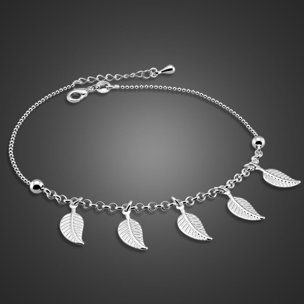 100% 925 Sterling silver leaves Anklets Women Summer Beach Barefoot Sandals Bracelet ankle on the leg Foot Accessories