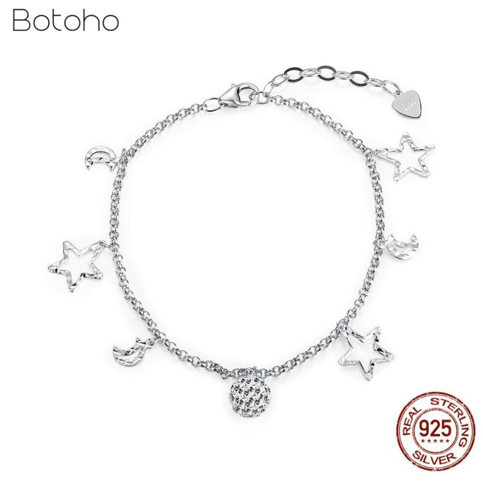 925 Sterling Silver Anklet halhal for Woman Girls Accessories with Zircon Round Moon Star Anklet Bracelets Fine Jewelry