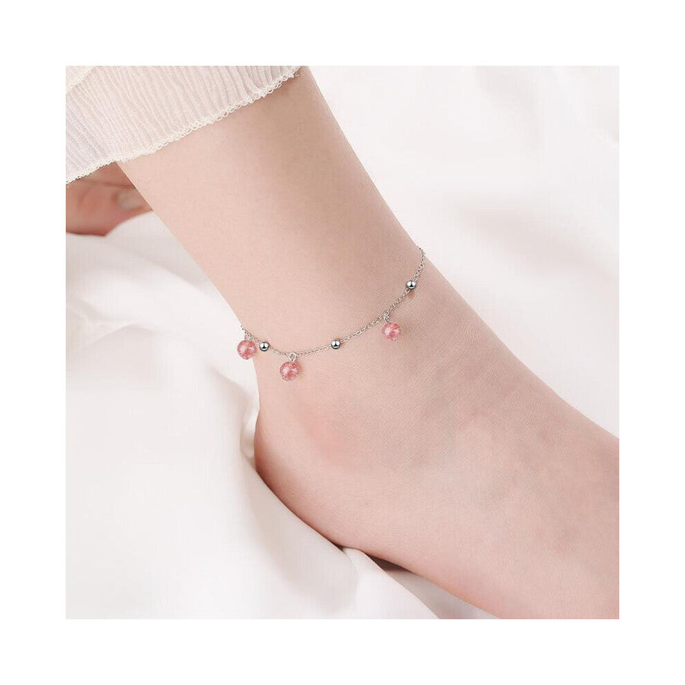 925 Sterling Silver Anklets For Girl Jewelry Crystal Pink Bead Ankle Chain Bracelet Women Beach Party Accessories