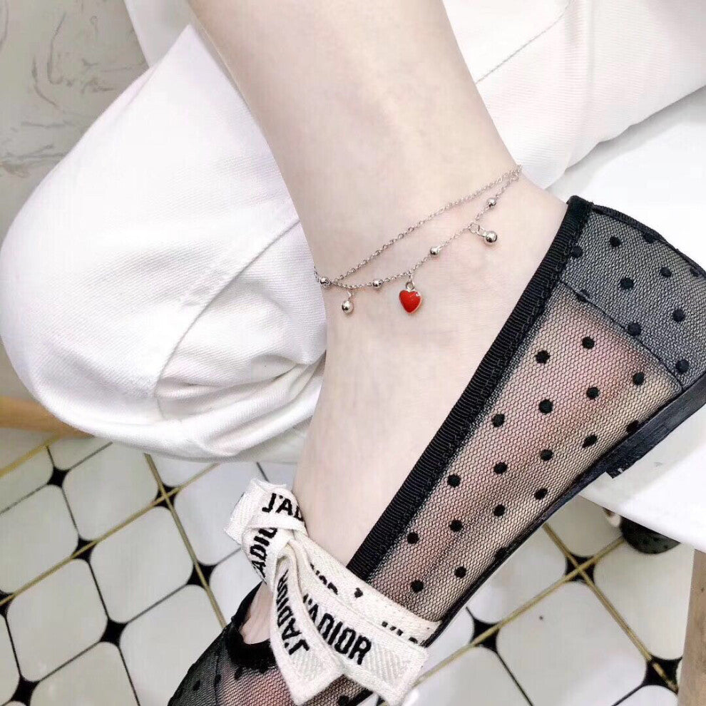 Whole 100% Real 925 Sterling Silver Exquisiteness Anklets with Love Heart Polishing Beads Surround Ankle Summer Fine Accessories