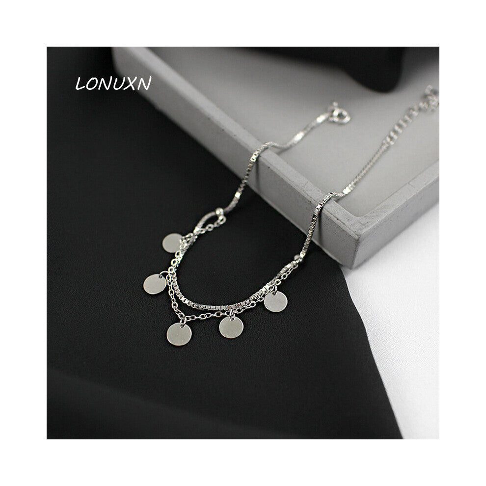 19+4cm 925 Sterling Silver Tassel Foot Accessories High Geometric Double Layer Circular Round Anklet Gift