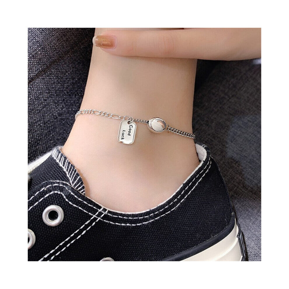Good Luck Bean Ankle Bracelet On The Leg Letters Square 925 Sterling Silver Boho Jewelry Women Beach Accessories