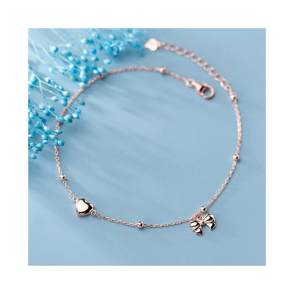 Bowknot Anklet Rose 925 Sterling Silver Women Accessories Chains For Fine Jewelry Girls Heart Bracelet On The Leg