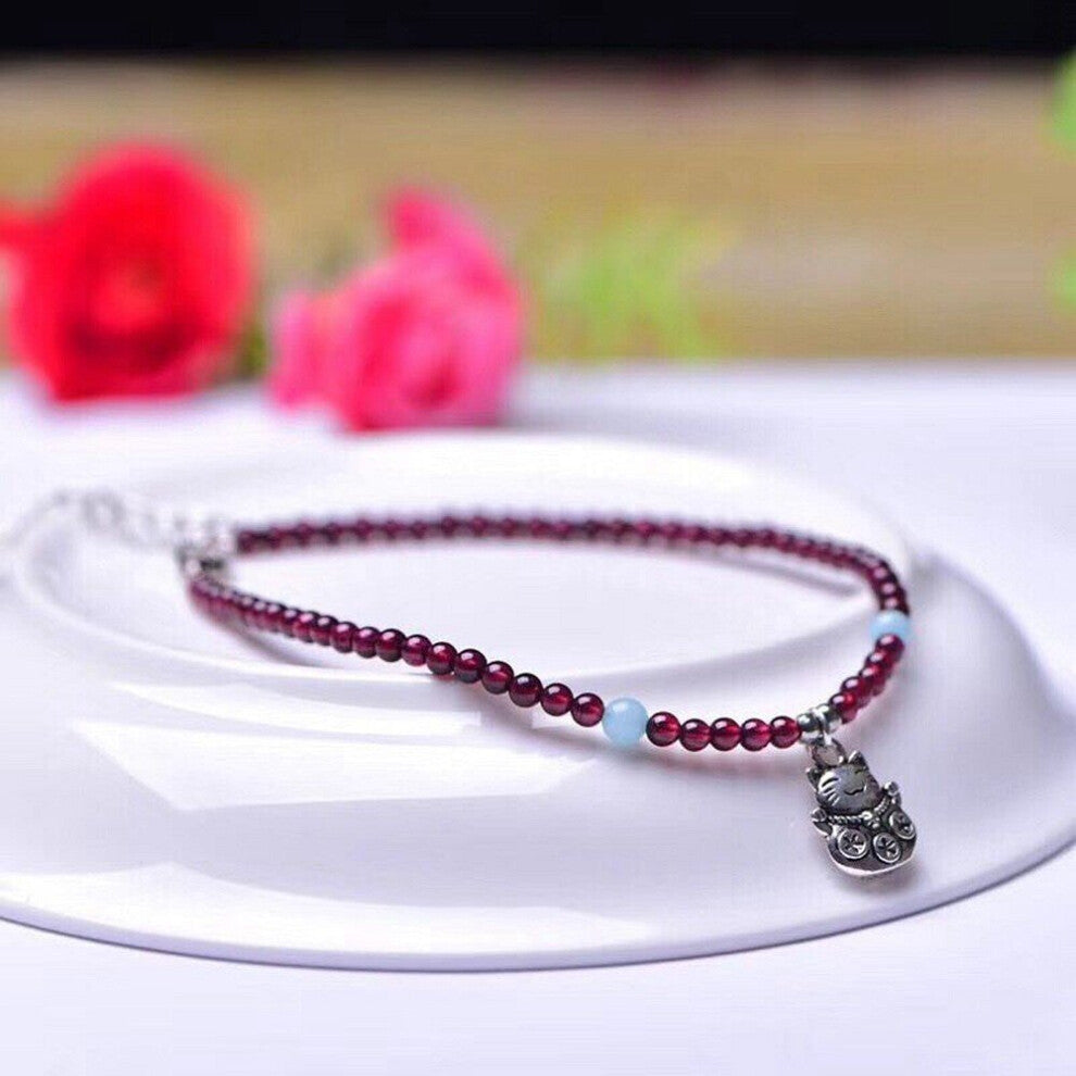 Natural garnet single circle anklet with zhaocai cat accessories DIY hand-woven 3MM ornaments