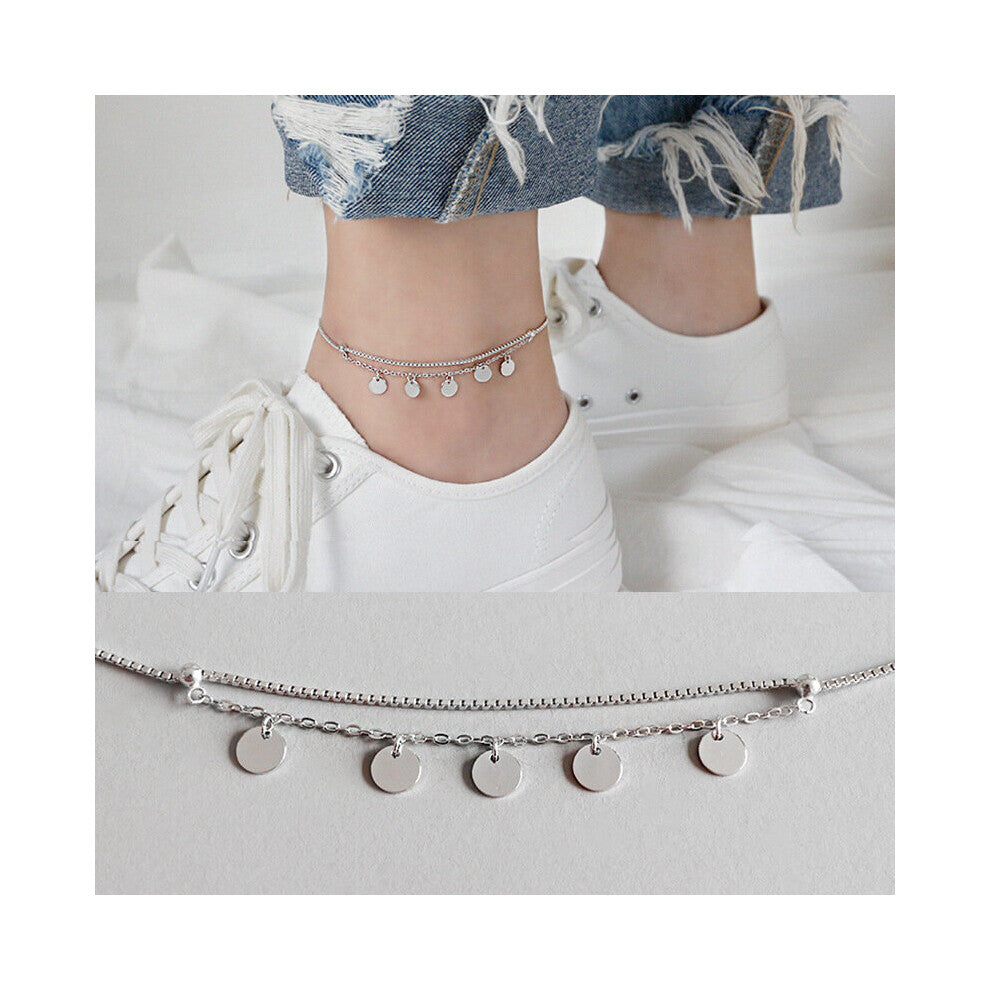 Box Chain Disc Ankles for Women Girls 925 Sterling Silver Foot Bracelets Fine Accessories Jewelry YMA007