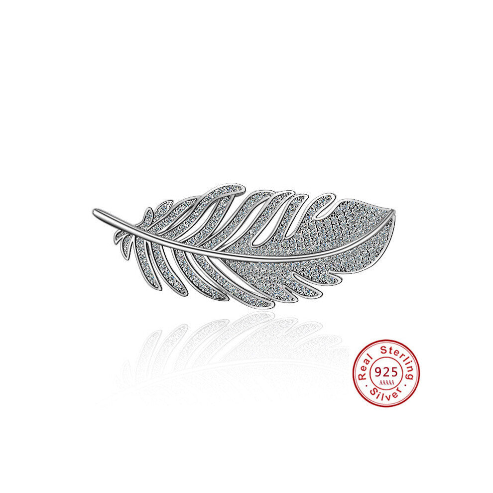 leaf Feather 925 sterling silver Brooches for Women Corsages with Shining Crystal Brooch Big Scarf Clothes Accessories