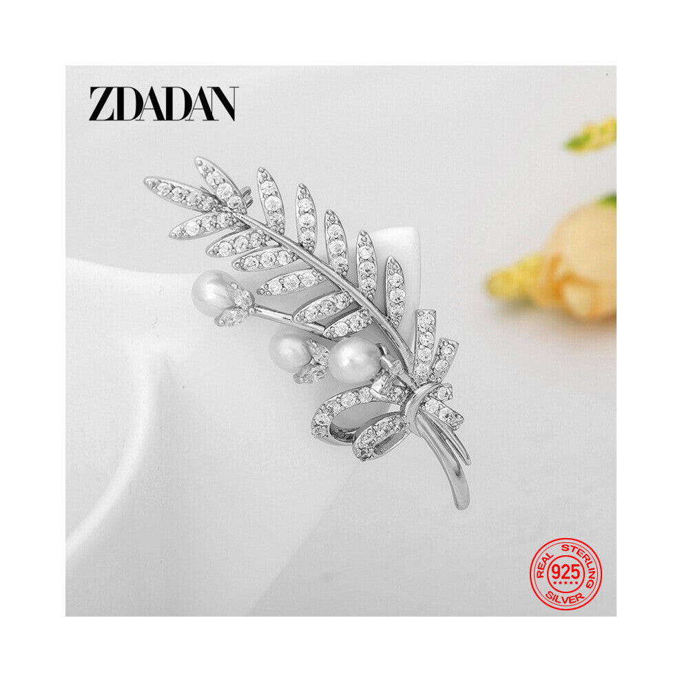 925 Sterling Silver Leaf Crystal Brooch For Women Wedding Jewelry Accessories