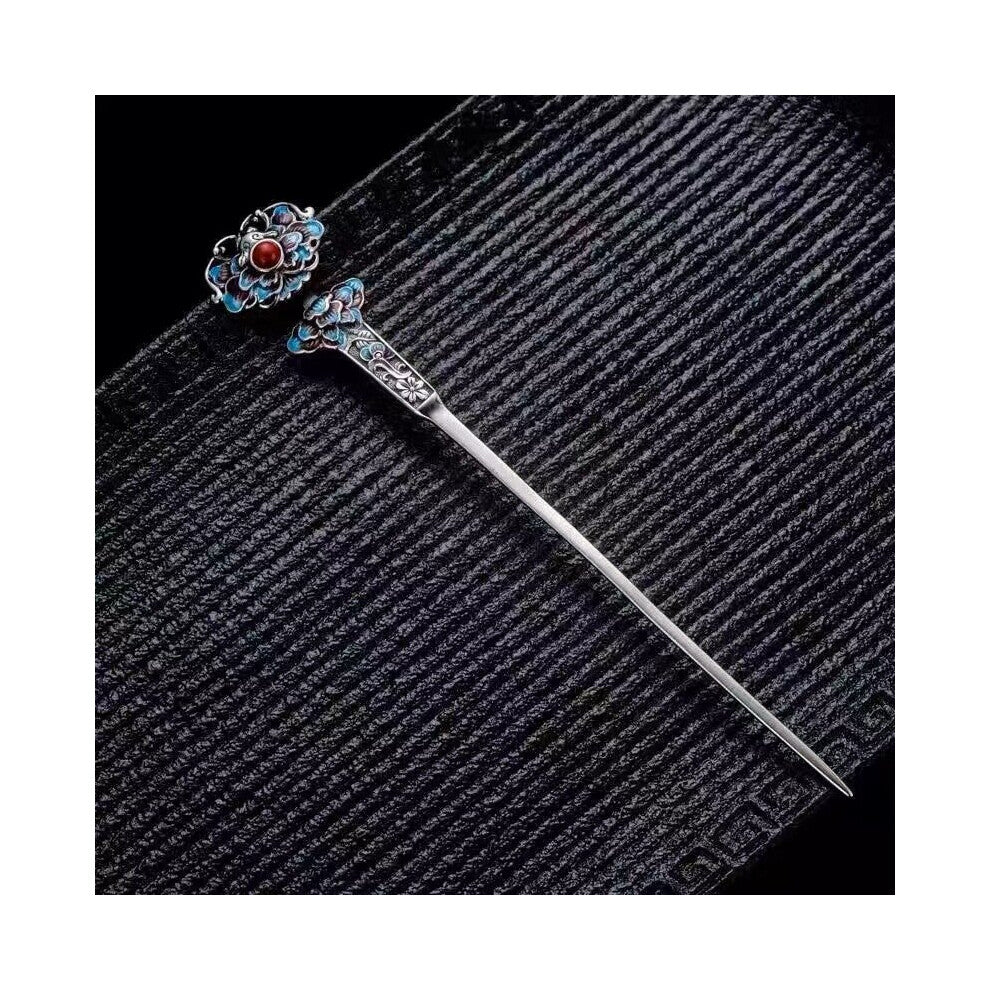 retro charm peony hair Jewelry S925 silver enamel tiara Chinese south red tourmaline hanfu accessories