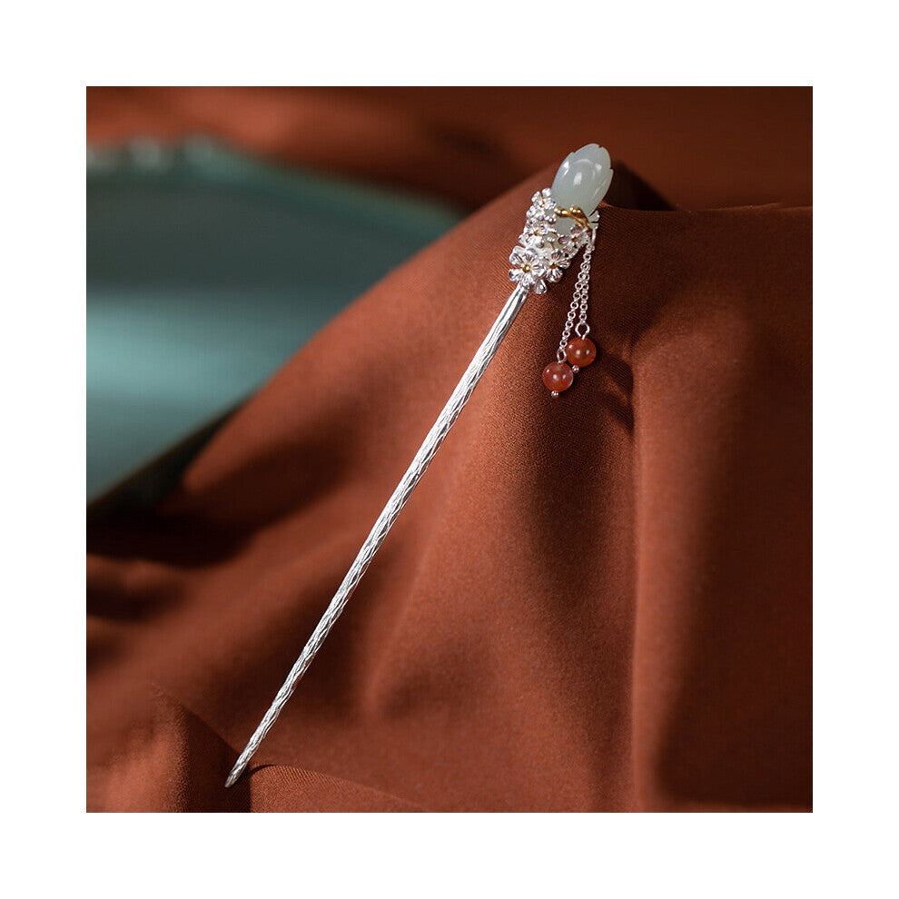 S925 sterling silver natural Hotan magnolia tiara retro charm hair Jewelry tassels wedding romantic Womens hanfu accessories