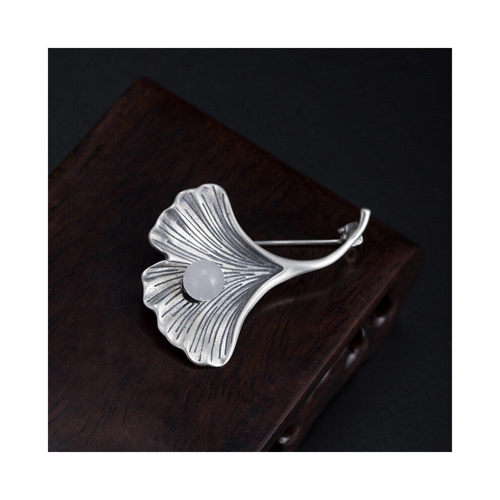Real 925 Sterling Silver Jewelry Natural Jade Retro Ginkgo Leaf Brooch For Women Suit Dress Accessories