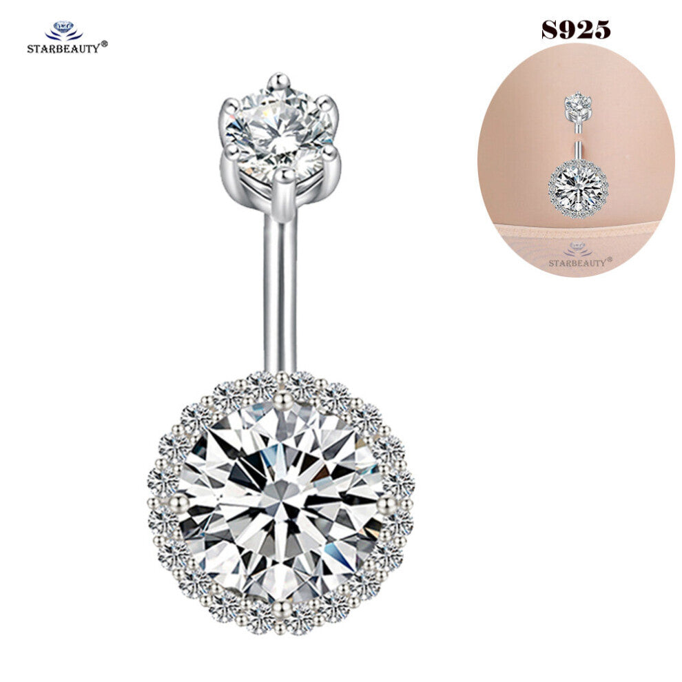925 Sterling Silver Belly Ring Bar Round Crystal Belly Piercing Silver 925 Belly Button Piercing Jewelry Accessories 14G