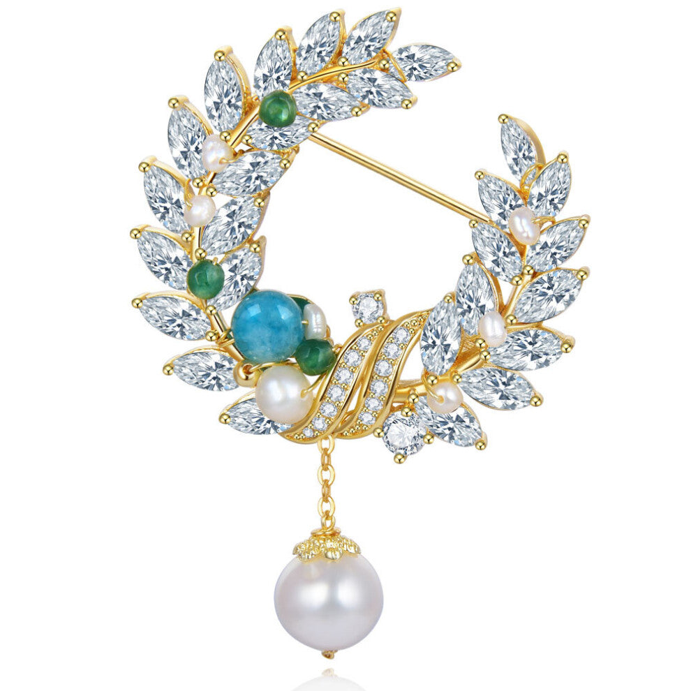 Rhinestone Crystal Natural Amazonite Brooches Fine Women Brooch Pin Collar Jewelry Suit Coat T-shirt Dress Accessories for Gift