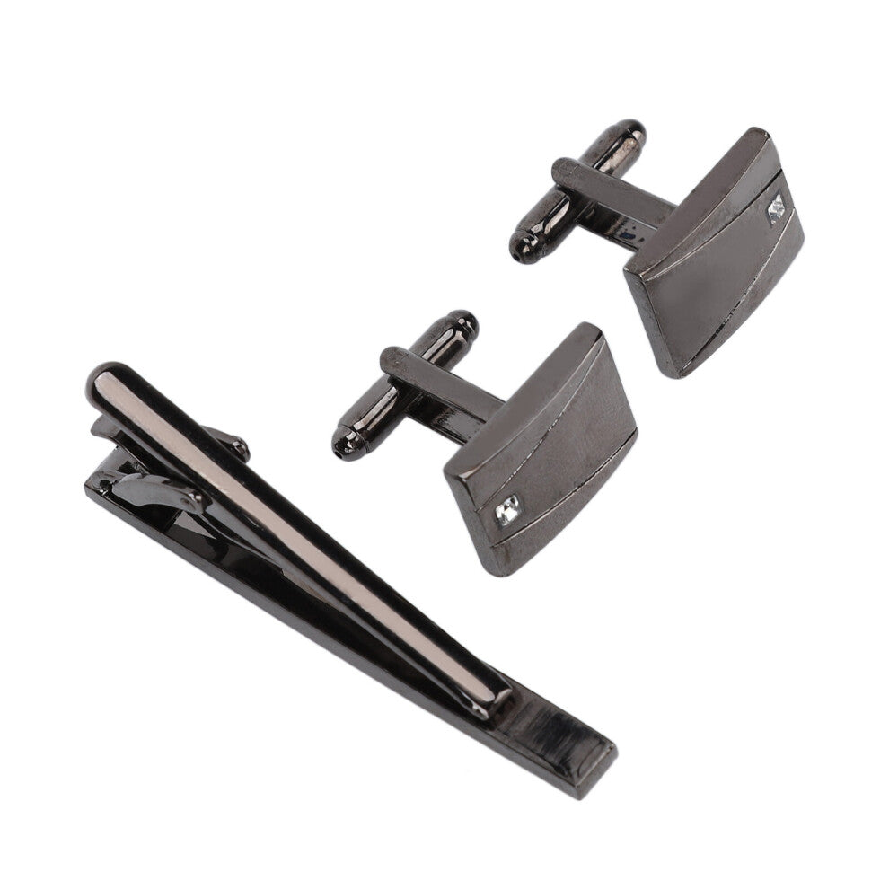 Cuff Links Tie Clip Set 2 Crystal Cufflinks 1 Tie Clip Glossy Stainless Steel Metal Plating Cufflinks Set for Meeting B