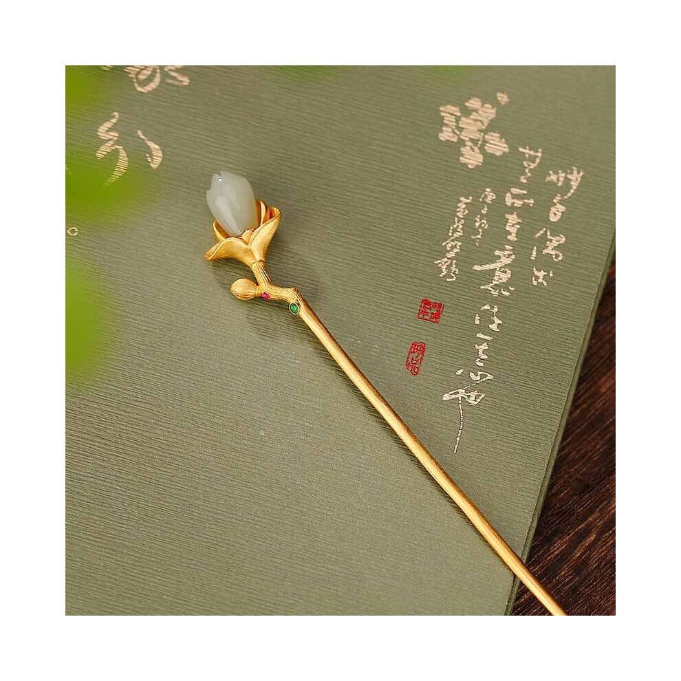 Ancient method craft inlaid classical crystal tulip hair accessories high-quality natural hetian jade hanfu accessories