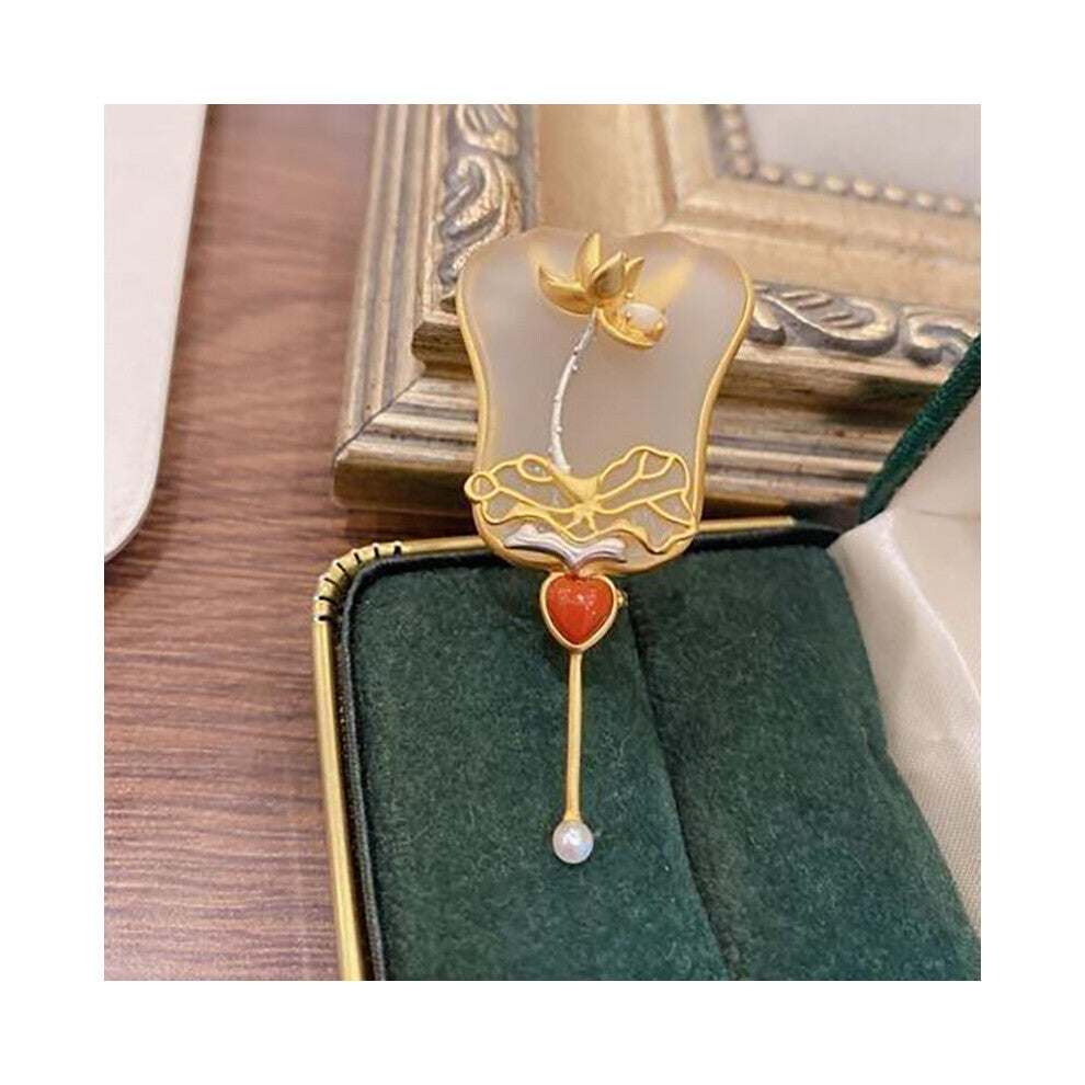 Chinese gilt crystal frosted jade plantain fan brooch retro ladies jewelry