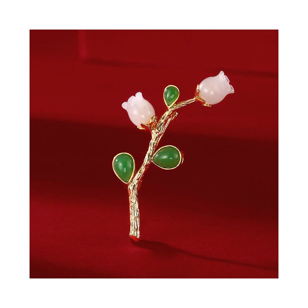 Inspiration natural Hetian pink jade flower green chalcedony brooch Chinese fresh cheongsam corsage accessories
