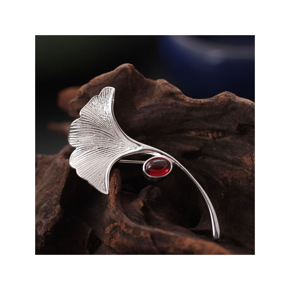 925 Sterling Silver Brooches for Women Red Garnet Stone Ginkgo Leaf Pendant Brooch Pin Men Suit Accessories Unusual