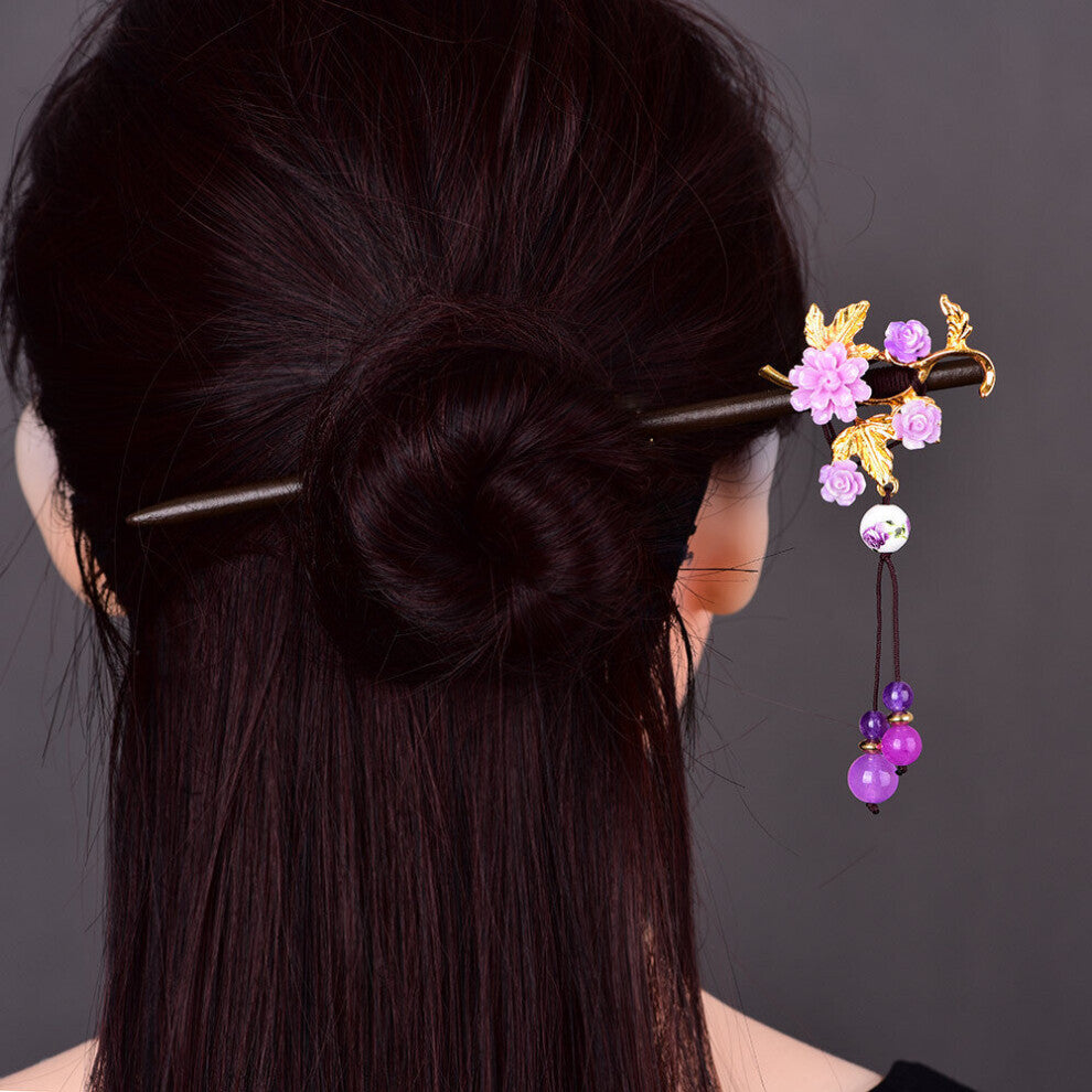 Purple Jade Flower Hairpin Hair Sticks Jewelry Carved Accessories Stone 925 Silver Charm Gemstone Talismans Gift Natural