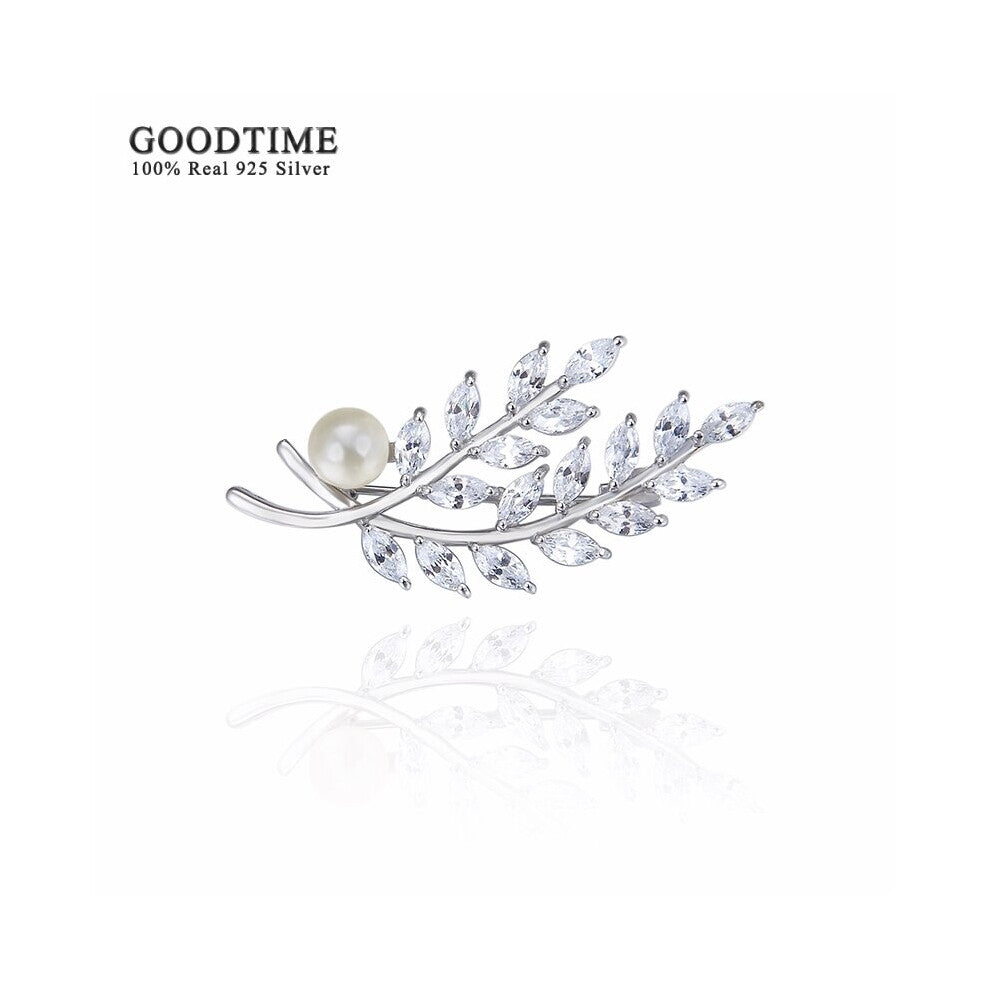Brooch Sterling Silver Brooch With Zircon Women Leaf Brooch Accessories Rhinestone Beads Brooch Jewelry For Party Dress