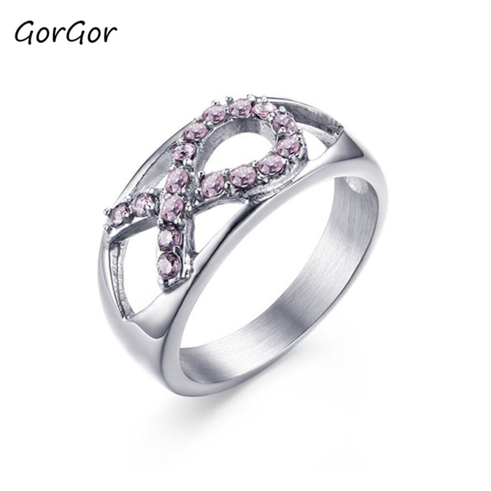 GorGor Rings Women Stainless Steel Pattern Ribbon Mosaic Pink Rhinestone Sweet Simplicity Temperament Accessories RC-287