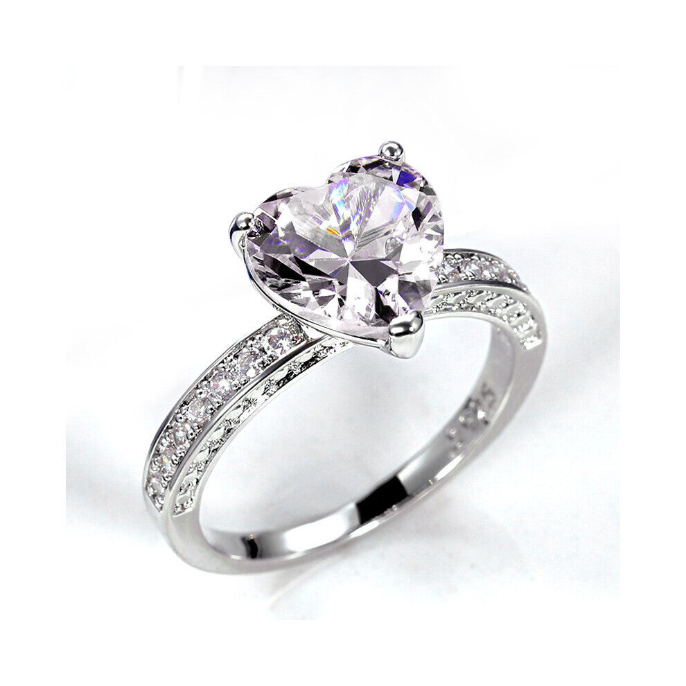 (6-F516 White-Silver Plated) Romantic Pink Heart Rings Women Brilliant Cubic Zirconia Bridal Wedding Party Stylish Female Accessories Hot