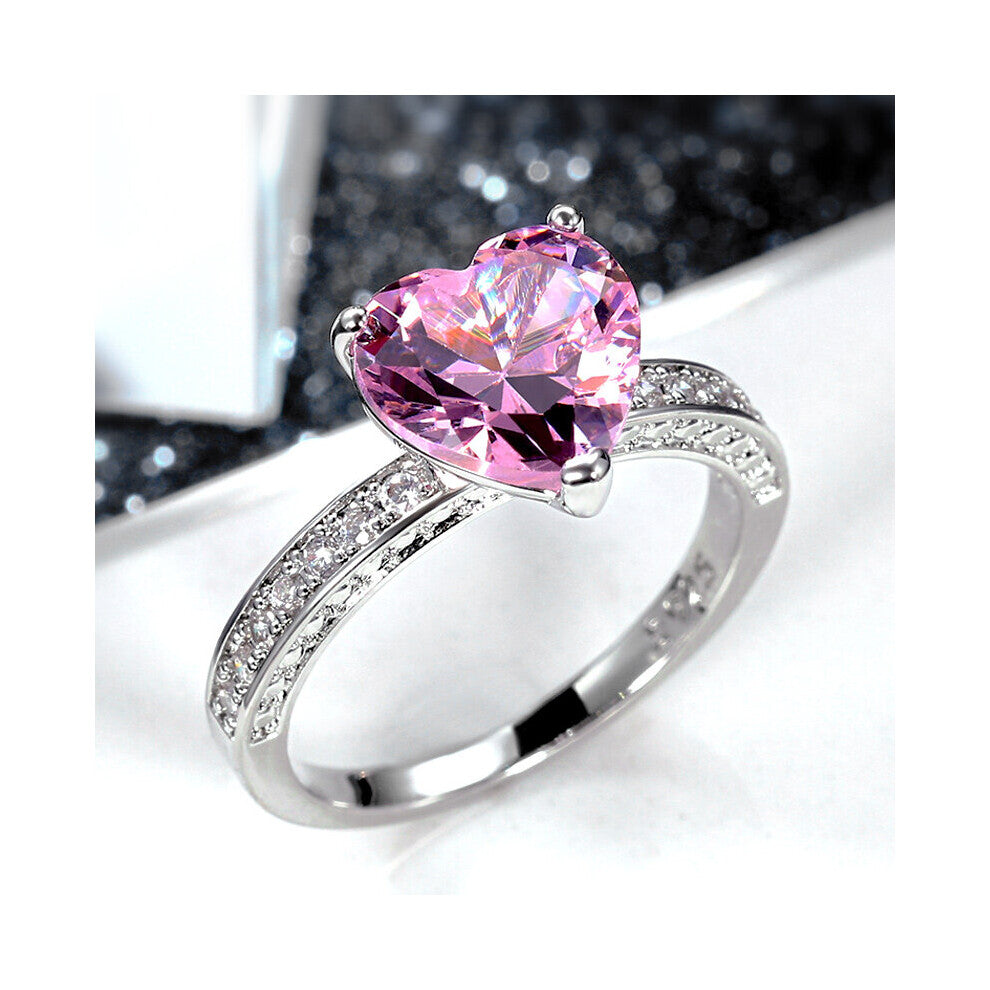 (6-F726 Black-Silver Plated) Romantic Pink Heart Rings Women Brilliant Cubic Zirconia Bridal Wedding Party Stylish Female Accessories Hot
