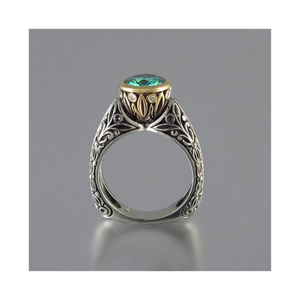 Vintage Green Round Stone Crystal Rings For Women Finger Jewelry Wedding Band Antique Silver Rings Accessories