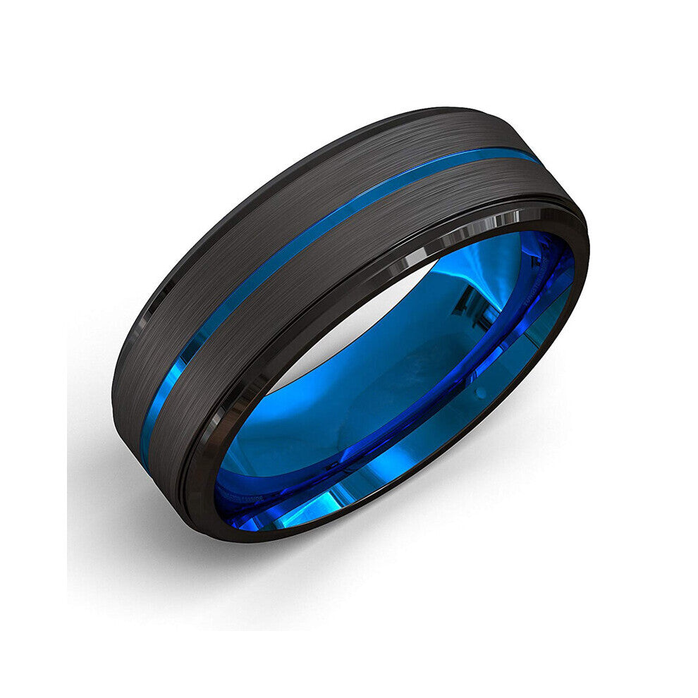 8mm Men's Brushed Ladder Edge Stainless Steel Ring Groove Wedding Ring Size 6-13