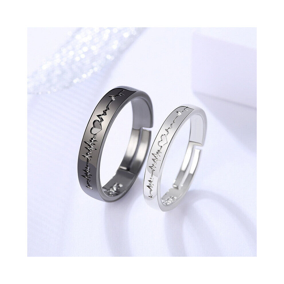 2Pcs Love Heart Electrocardiogram Couple Open Rings For Women Men Lover Silver Engagement Wedding Valentine'Day Gift