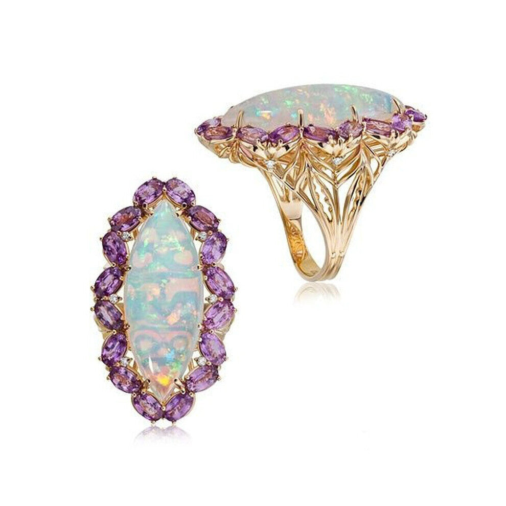 Dainty Oval Fire Opal Rings for Women Flower Vine Purple CZ Crystal Ring Finger Jewelry Female Gift Accessories