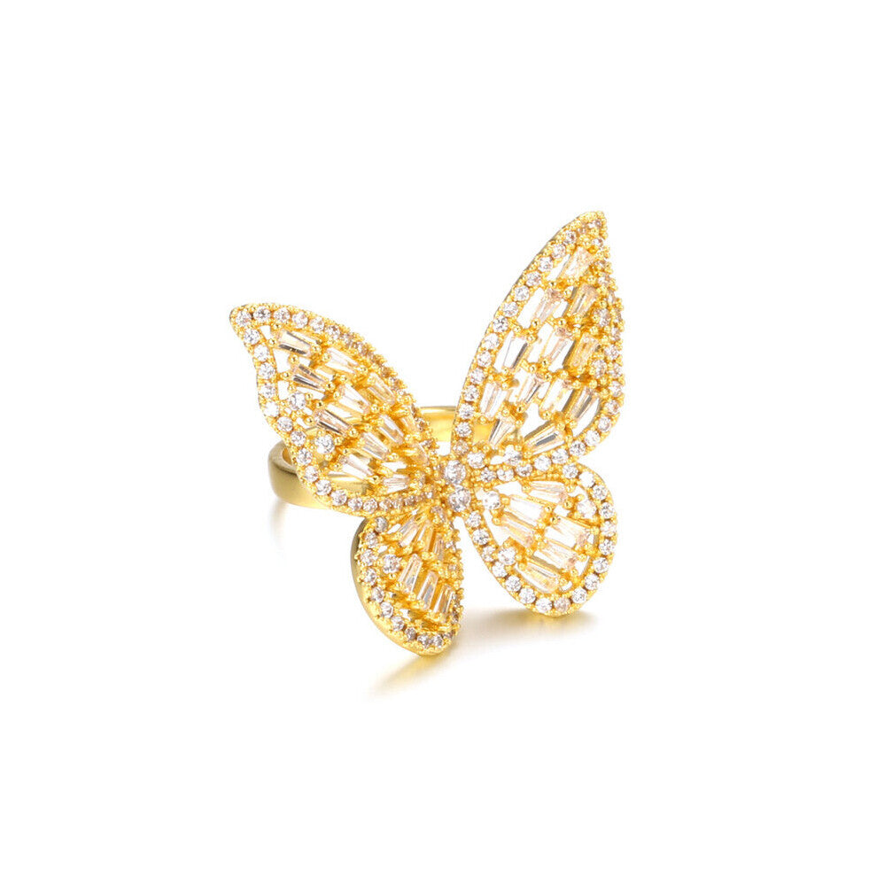 Women's Copper Set Zircon Butterfly Ring European and American Style Bubble Cocktail Party Ring Bride Jewelry Accessories