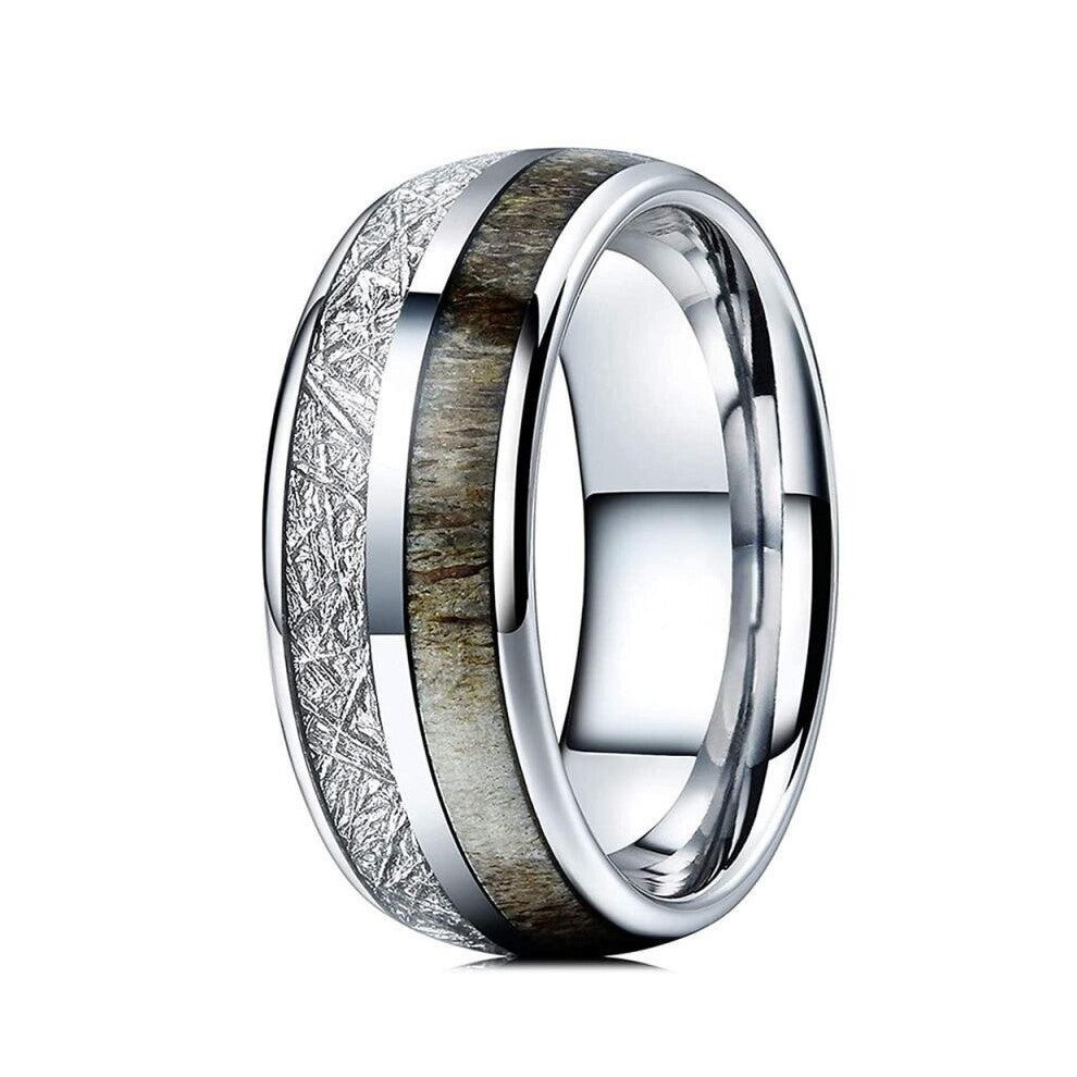Men&#39;s Silver Tungsten Steel Wood Grain & Meteorite Ring Men&#39;s Engagement Wedding Band Cocktail Party Jewelry