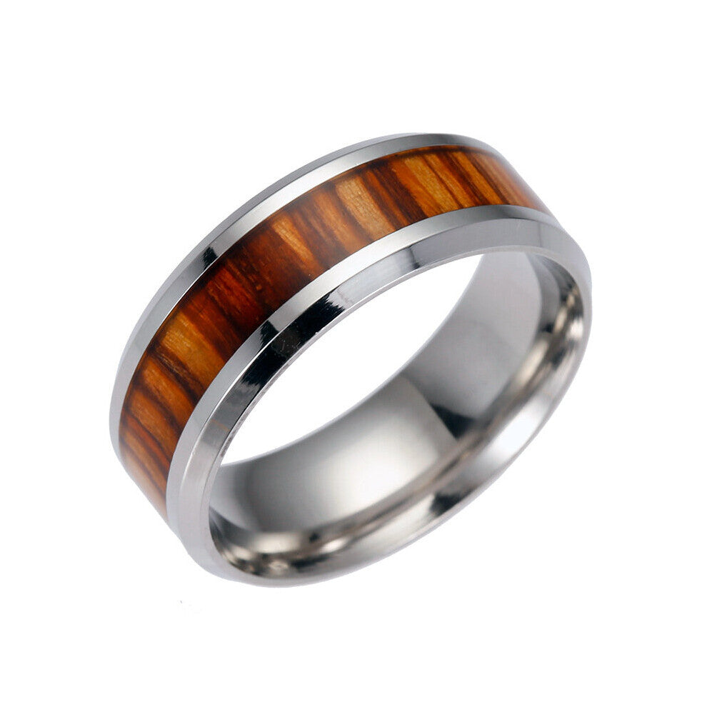 Stainless Steel Finger Rings Durable Vintage Titanium Stainless Steel 8mm Ring Wood Grain Ring Jewelry for Men