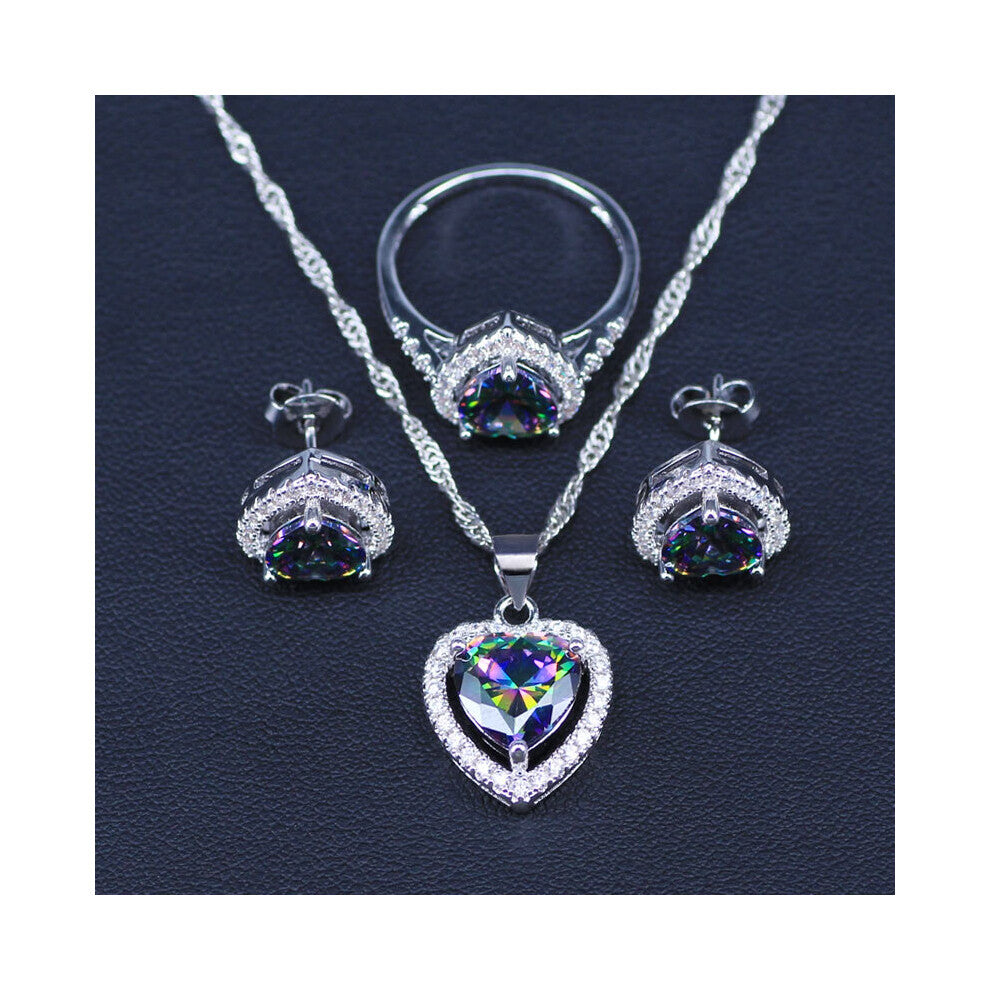 (Three Piece Silver Plated-8) Heart Silver Jewelry Set Rainbow Zircon CZ Jewelry Sets For Women Wedding Necklace-Earrings-Pendant-Ring