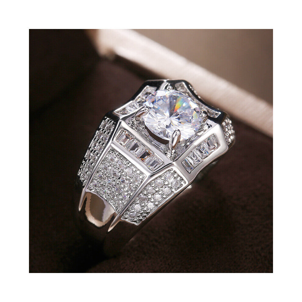 (6-F550 Gray-Silver Plated) Silver Round Cubic Zircon Rings for Men Classic Wedding Ceremony Ring Dazzling Male Accessories Jewelry Hot