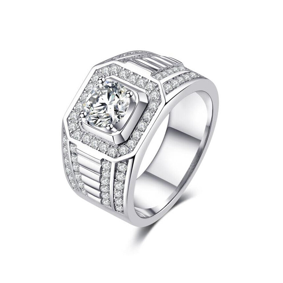 (6-F544 Blue-Silver Plated) Silver Round Cubic Zircon Rings for Men Classic Wedding Ceremony Ring Dazzling Male Accessories Jewelry Hot