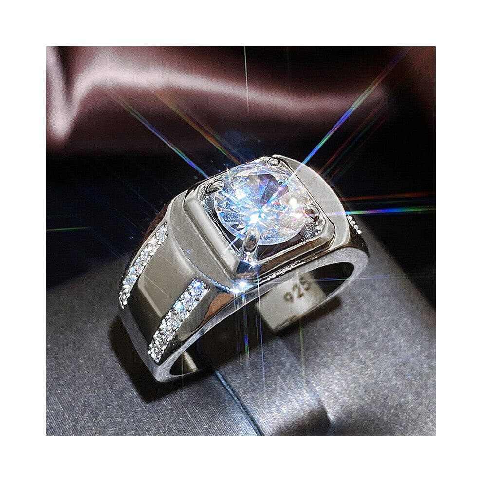 (6-F412 Blue-Silver Plated) Silver Round Cubic Zircon Rings for Men Classic Wedding Ceremony Ring Dazzling Male Accessories Jewelry Hot