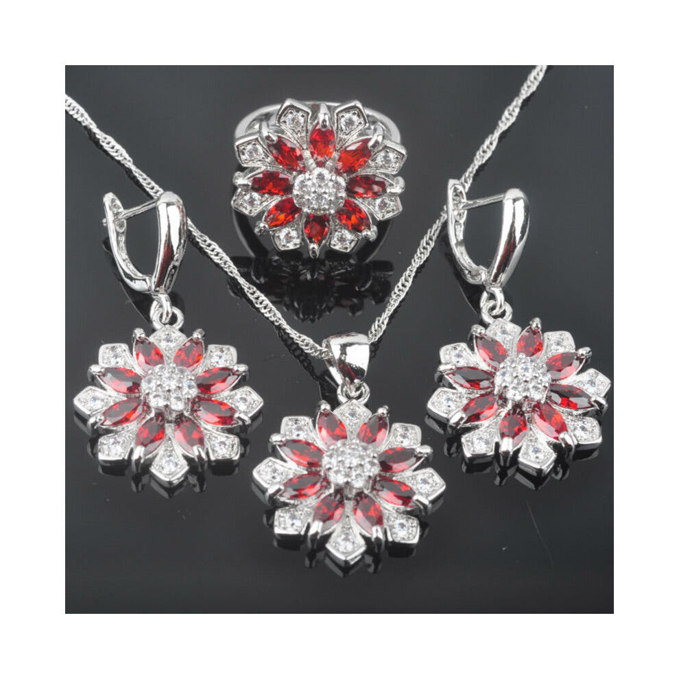 (Red-6) Pretty Red Zirconia Women's Silver Jewelry Sets Earrings-Pendant-Necklace-Rings QZ0276