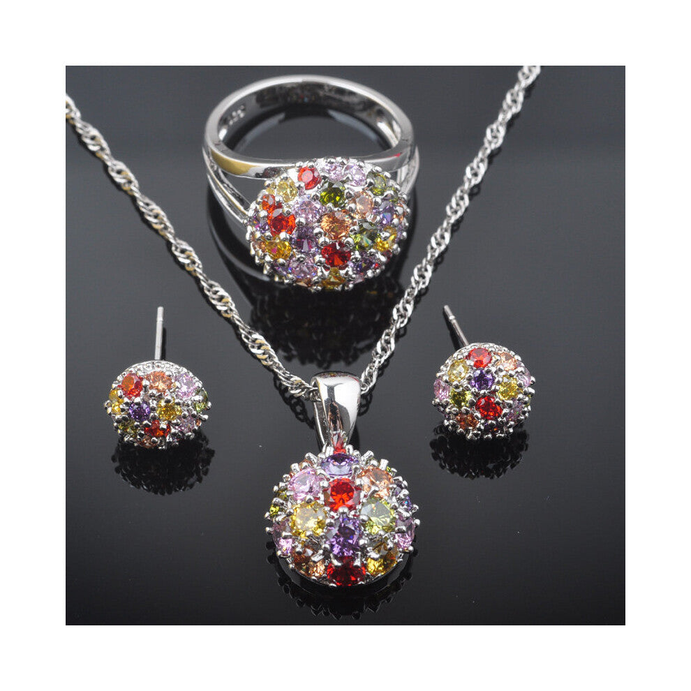 (MULTI-6) Multicolor Zirconia Women's Silver Jewelry Sets Earrings-Pendant-Necklace-Rings QZ0548