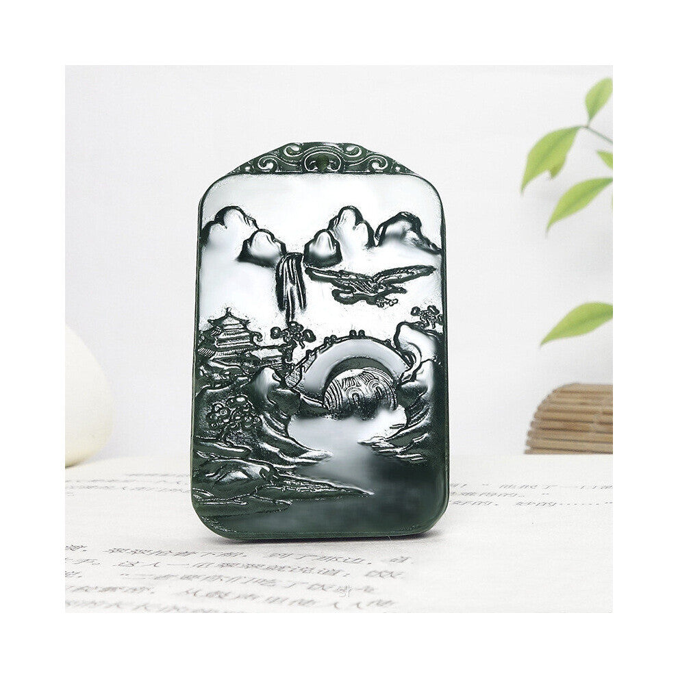 Hot Selling Natural Hand-carve Jade Cyan Landscape Picture Necklace Pendant Jewelry Accessories Men Women Luck