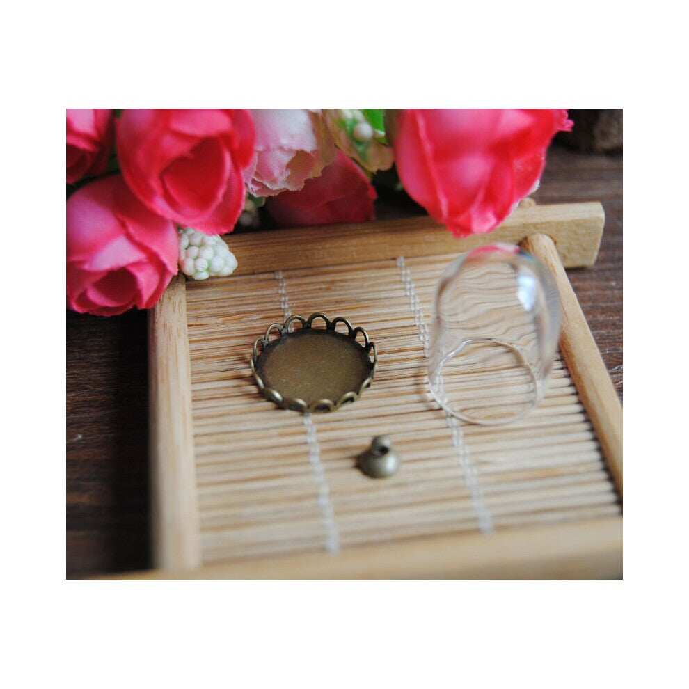 Freeshipping good 25*18mm Glass bubble & bronze lace base blank & 6mm cap& necklace Set DIY glass bottle vial pendant