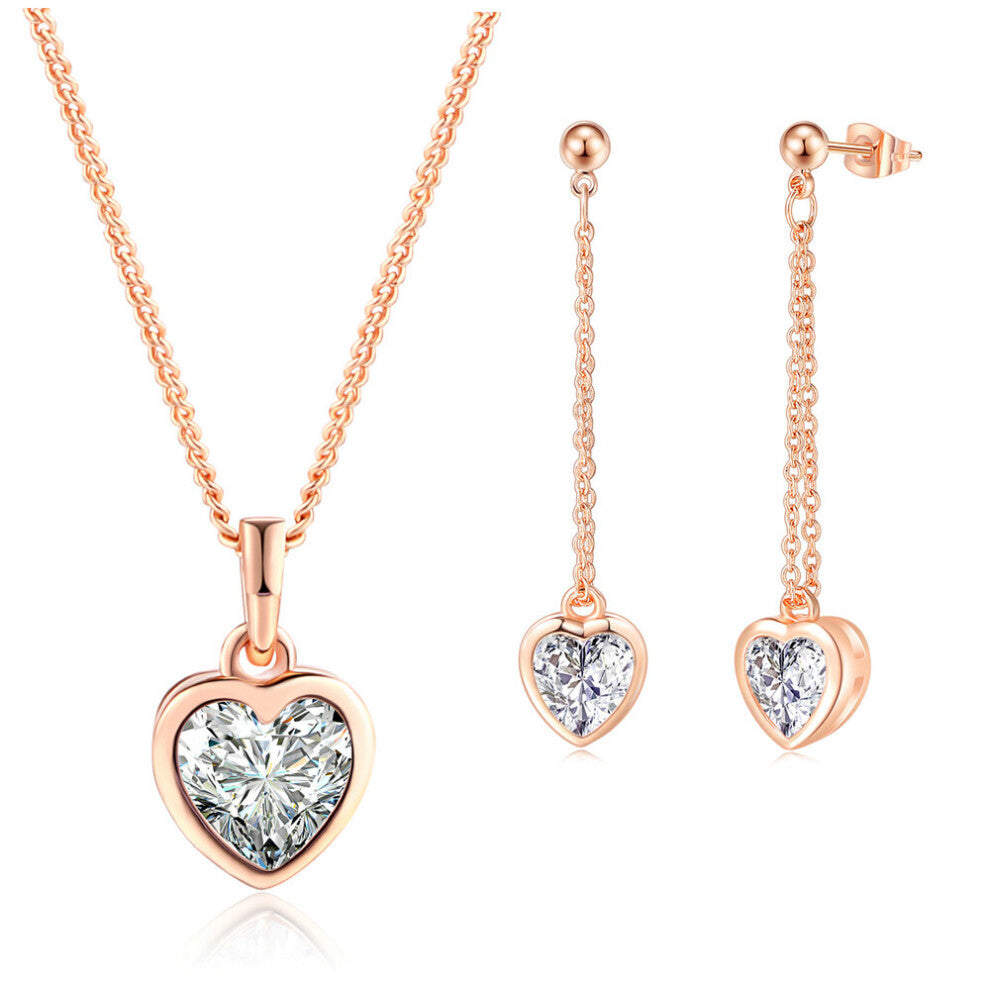 Romantic Heart Jewelry Set for Women Crystal Rose Necklace Earrings Accessories Gift