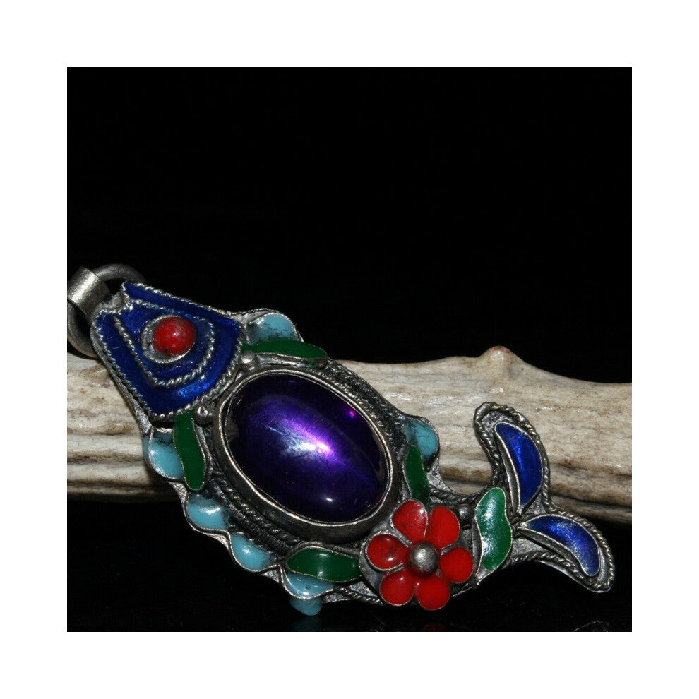 Chinese Old Craft Old Tibetan Silver Cloisonne Inlaid Zircon Pendant for Women Men Accessories A01