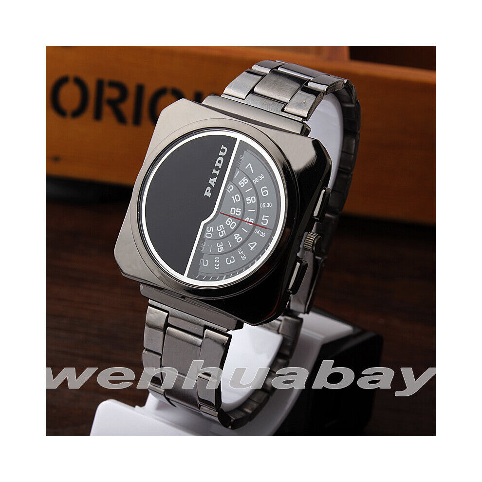 PAIDU Unique Stainless Steel Band Wrist Watch Mens Boy Turntable Dial Digital Tonneau Secially Gift Quartz Wristwatches