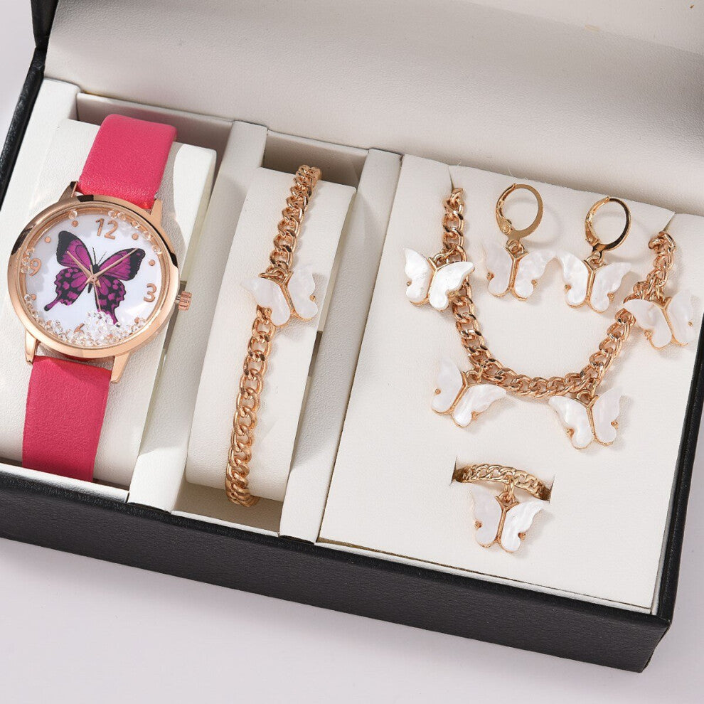 6PCS Set Women Watch Luxury?Bracelet Necklace Earrings Rings Round Watch Ladies Watch For Women Quartz Wristwatch