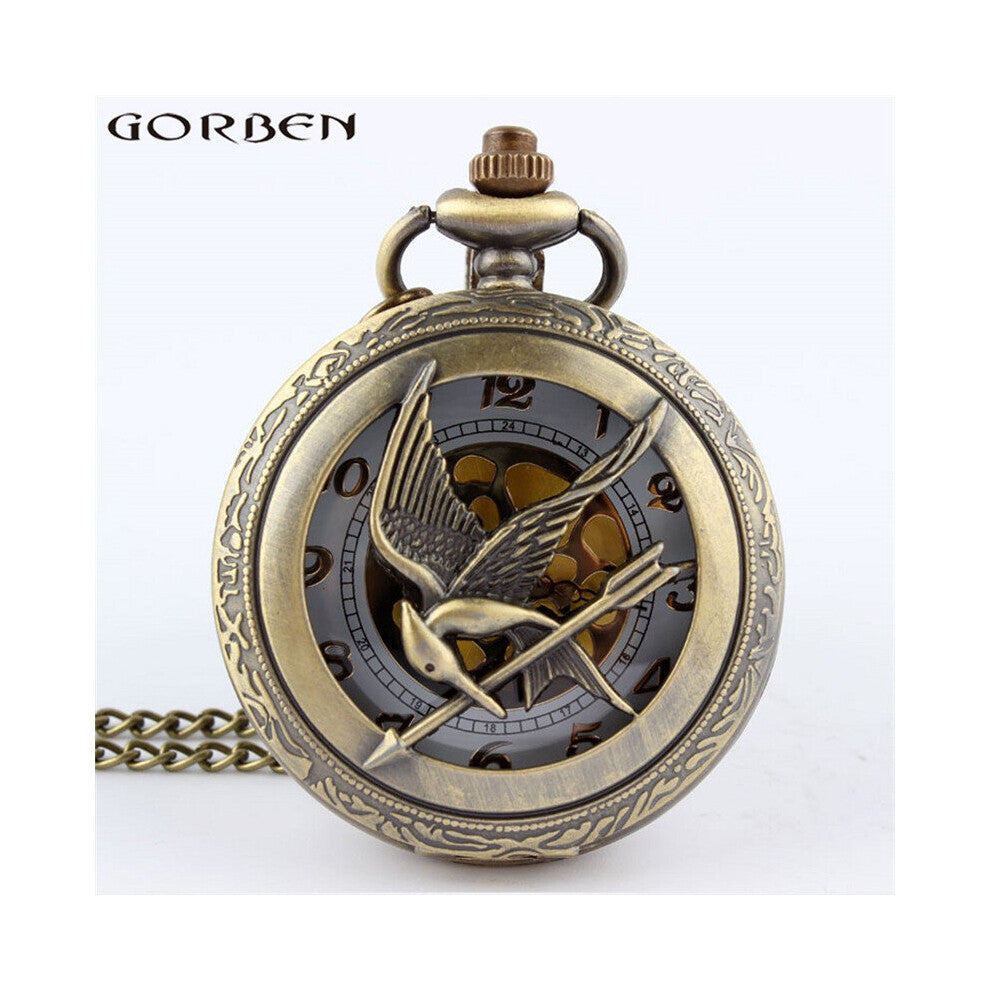 Arrival The Hunger Games Retro Bronze Hollow Quartz Pocket Watch Skeleton Bird Clock Pendant For Men Women Clock