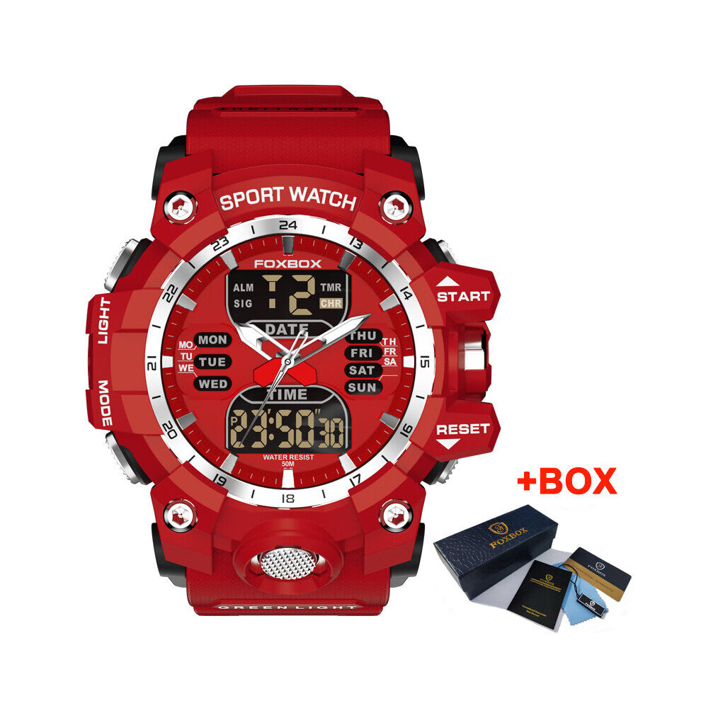 FOXBOX Sports Military Quartz Men Watch Waterproof Dual Display Digital Big Watch For Men LED Man Wristwatch